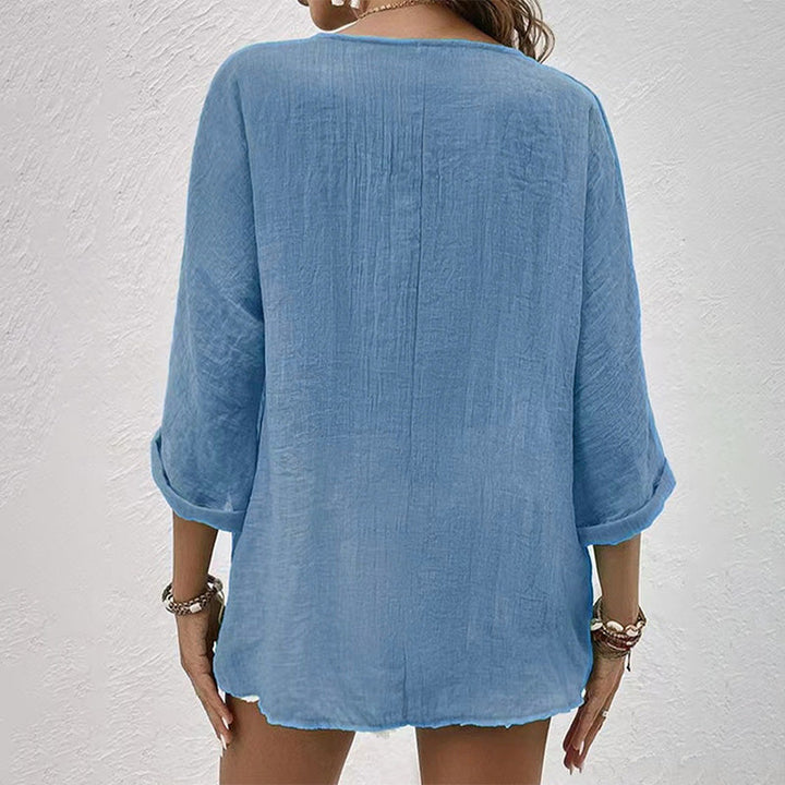 Haven | V Neck Button Front Crinkle Cotton Womens Blouse