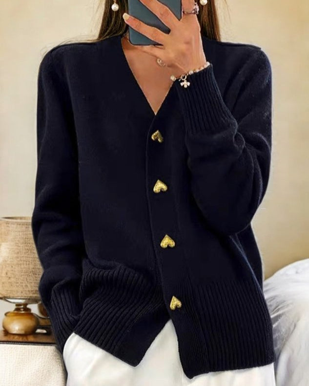 Amour | Gold Heart Button V-Neck Women's Cardigan