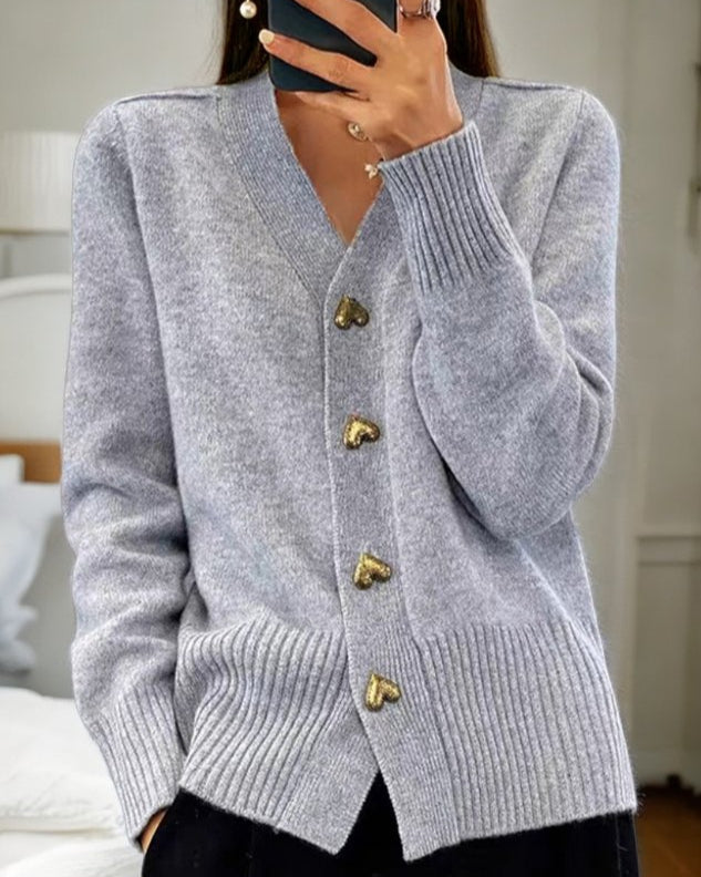 Amour | Gold Heart Button V-Neck Women's Cardigan
