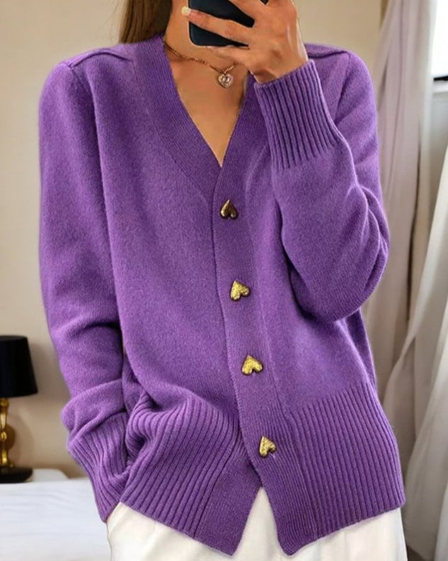 Amour | Gold Heart Button V-Neck Women's Cardigan
