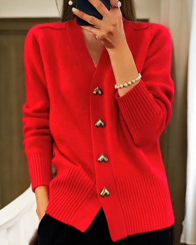 Amour | Gold Heart Button V-Neck Women's Cardigan