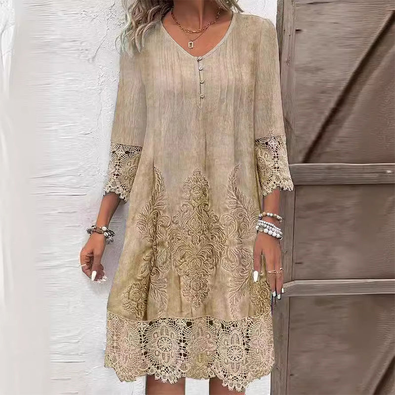 Celeste | Baroque Print Lace Trim Midi Dress
