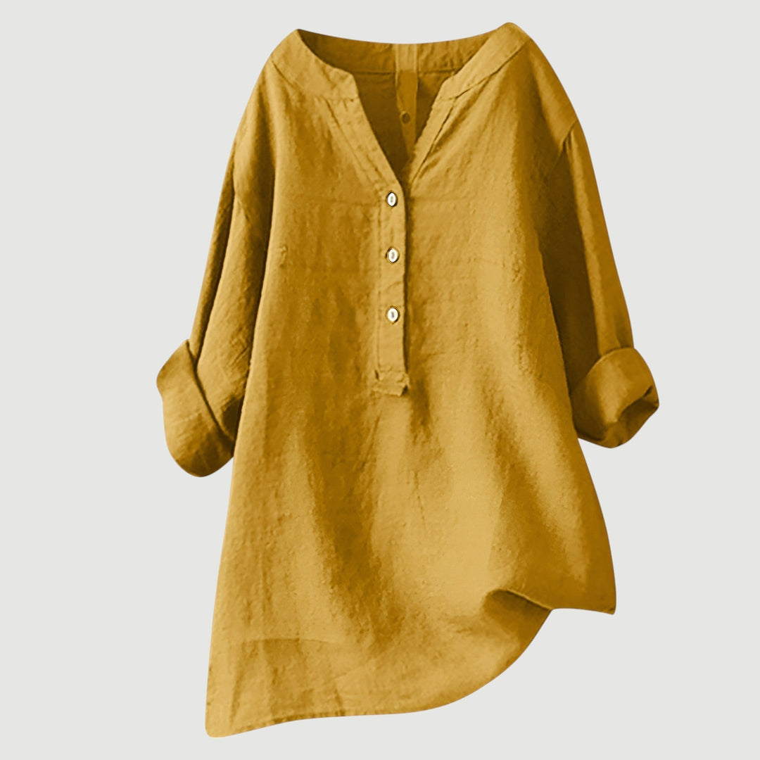 Roseau | V-Neck Linen Button-Up Tunic Blouse