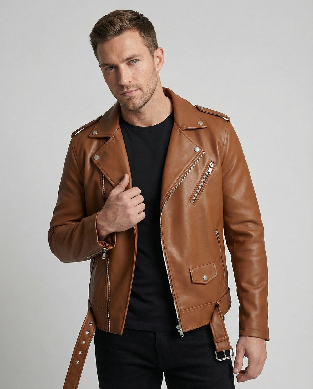 Bronco | Classic Belted Moto Leather Jacket with Epaulette Detail