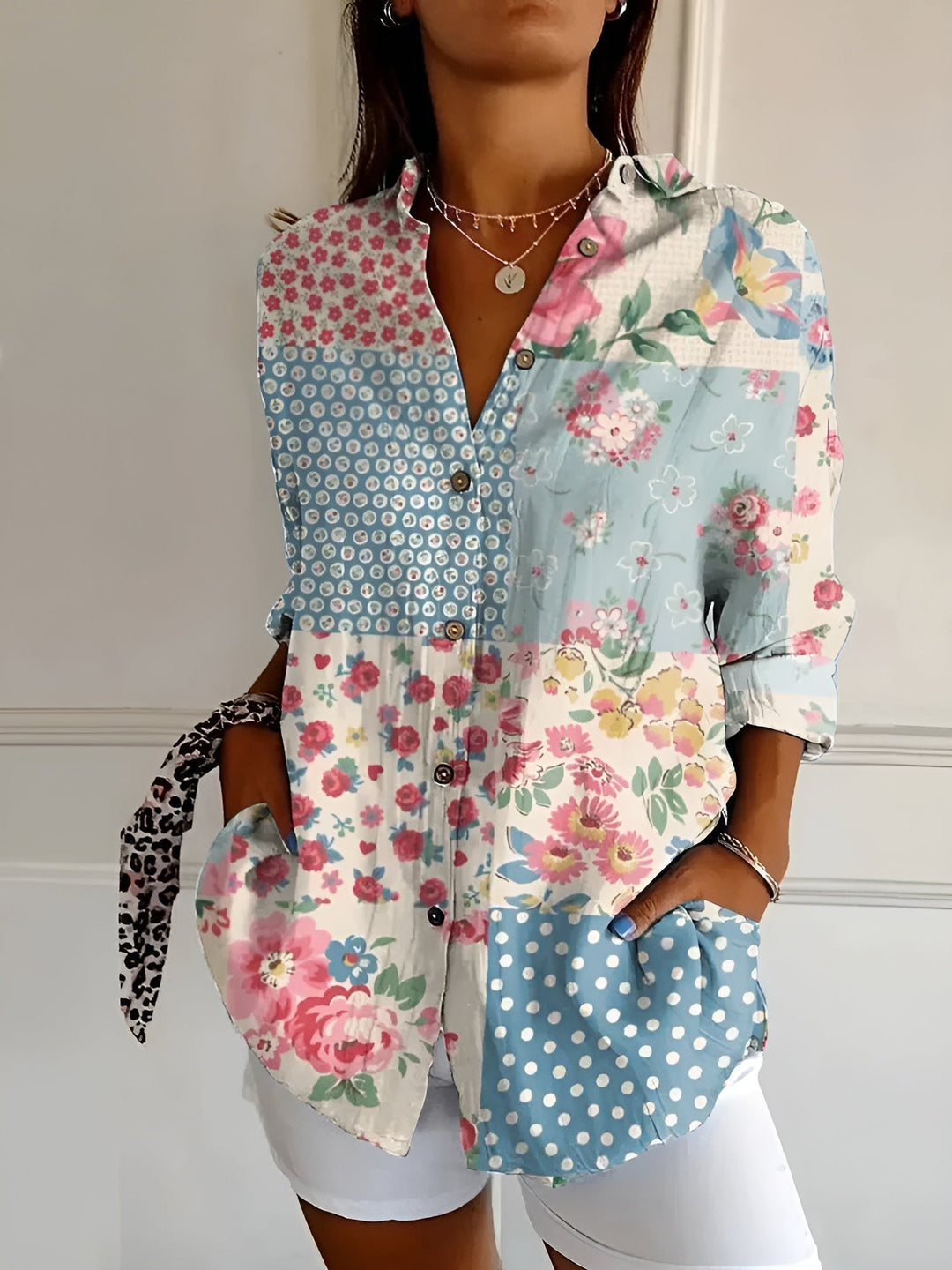 Wisteria | Vine Floral Linen Button-Down Tunic Blouse