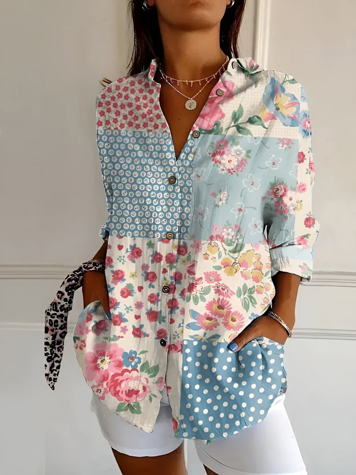Wisteria | Vine Floral Linen Button-Down Tunic Blouse