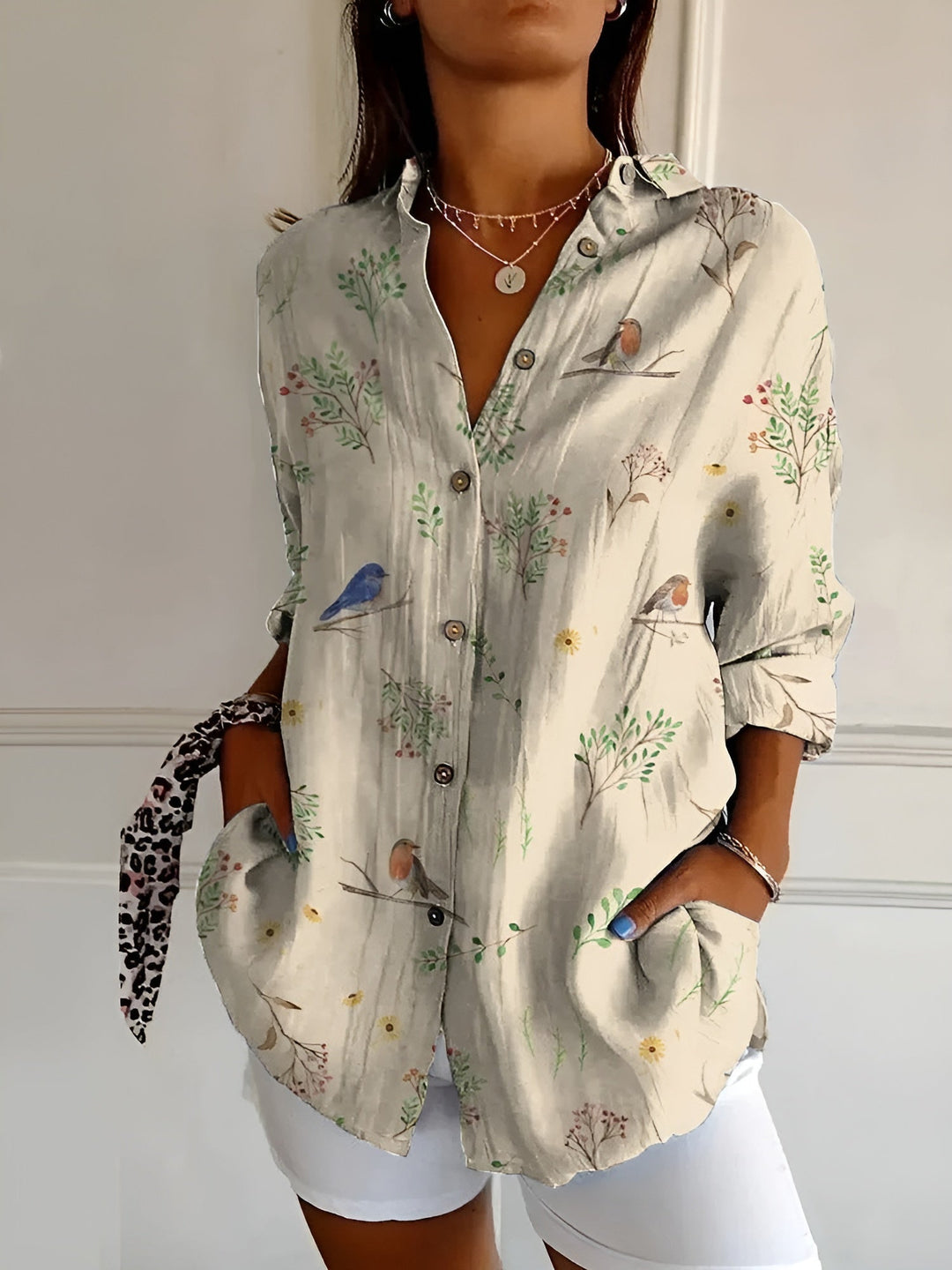 Wisteria | Vine Floral Linen Button-Down Tunic Blouse