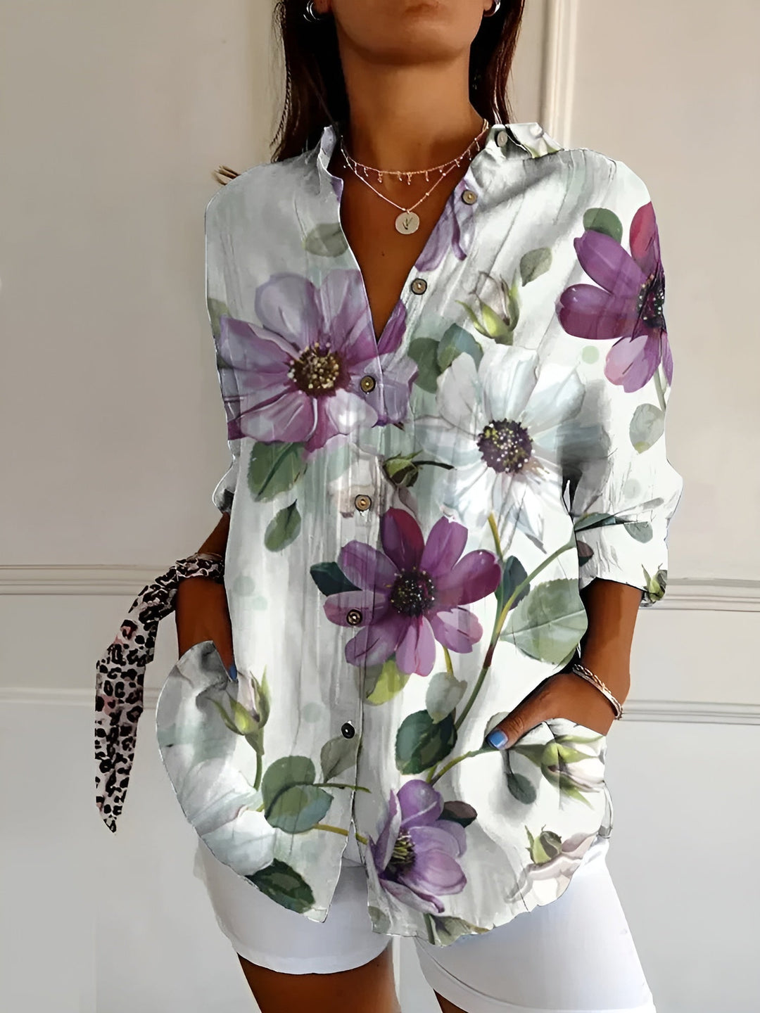 Wisteria | Vine Floral Linen Button-Down Tunic Blouse