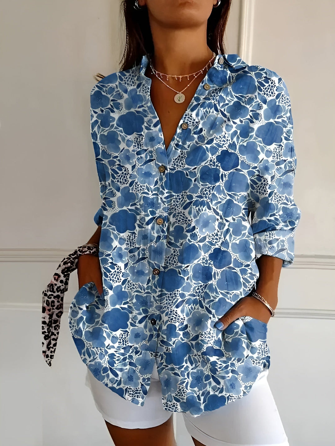 Wisteria | Vine Floral Linen Button-Down Tunic Blouse