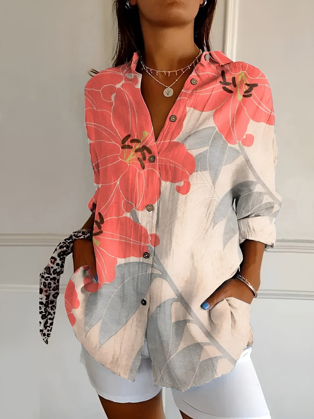 Wisteria | Vine Floral Linen Button-Down Tunic Blouse