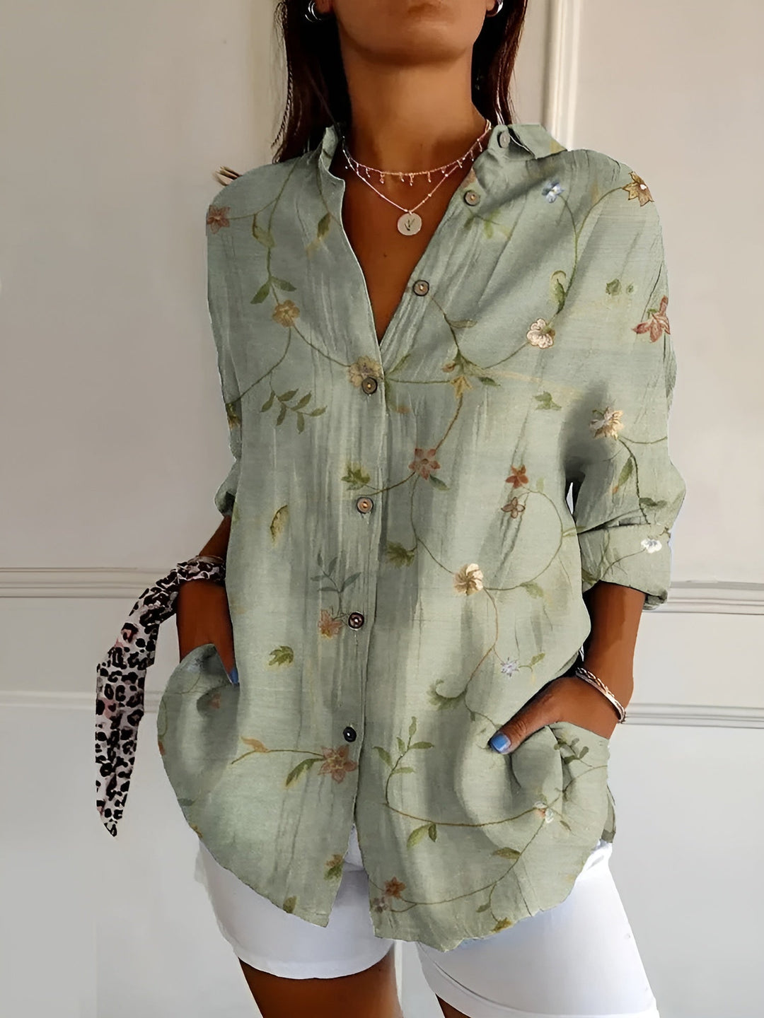 Wisteria | Vine Floral Linen Button-Down Tunic Blouse