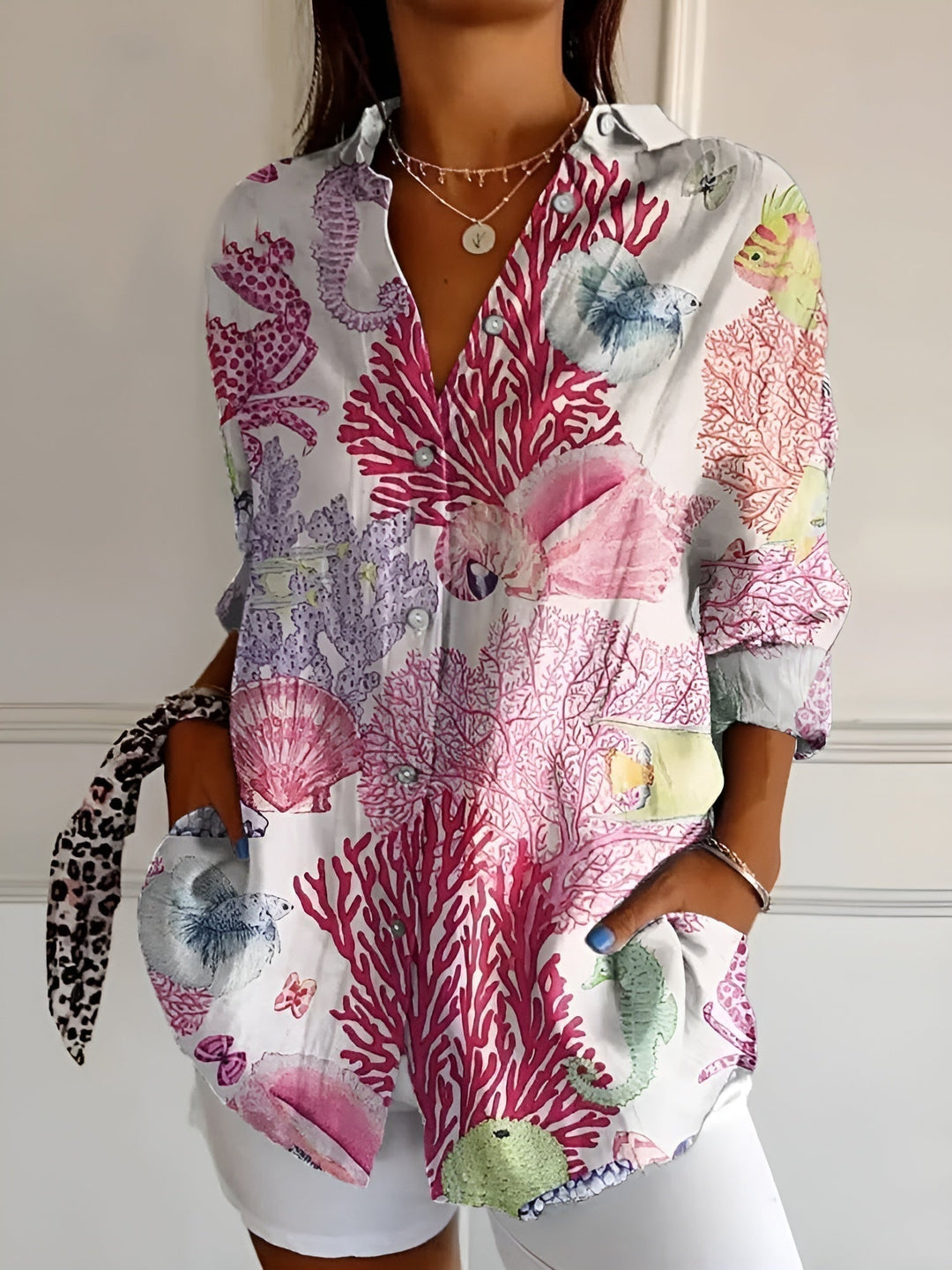 Wisteria | Vine Floral Linen Button-Down Tunic Blouse