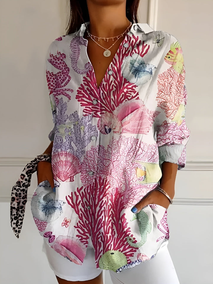 Wisteria | Vine Floral Linen Button-Down Tunic Blouse