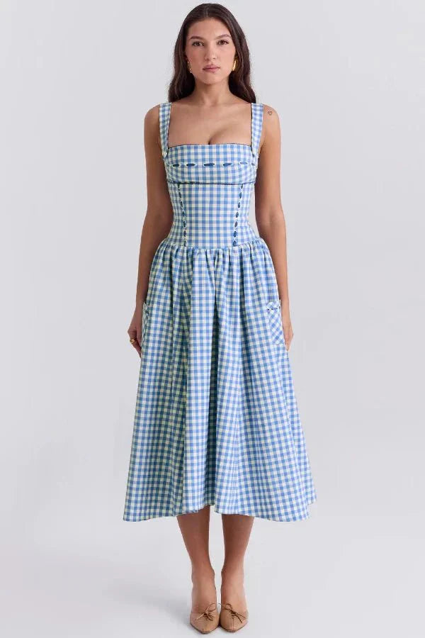 Vivien | Gingham Bustier Womens Pleated Midi Dress with Pockets