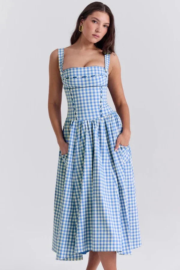 Vivien | Gingham Bustier Womens Pleated Midi Dress with Pockets