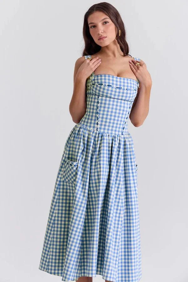 Vivien | Gingham Bustier Womens Pleated Midi Dress with Pockets
