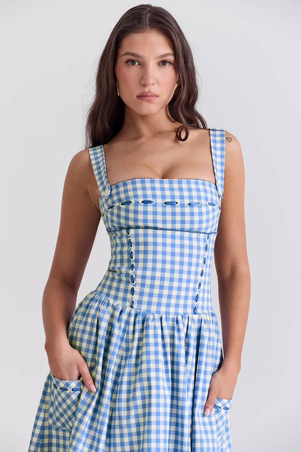 Vivien | Gingham Bustier Womens Pleated Midi Dress with Pockets