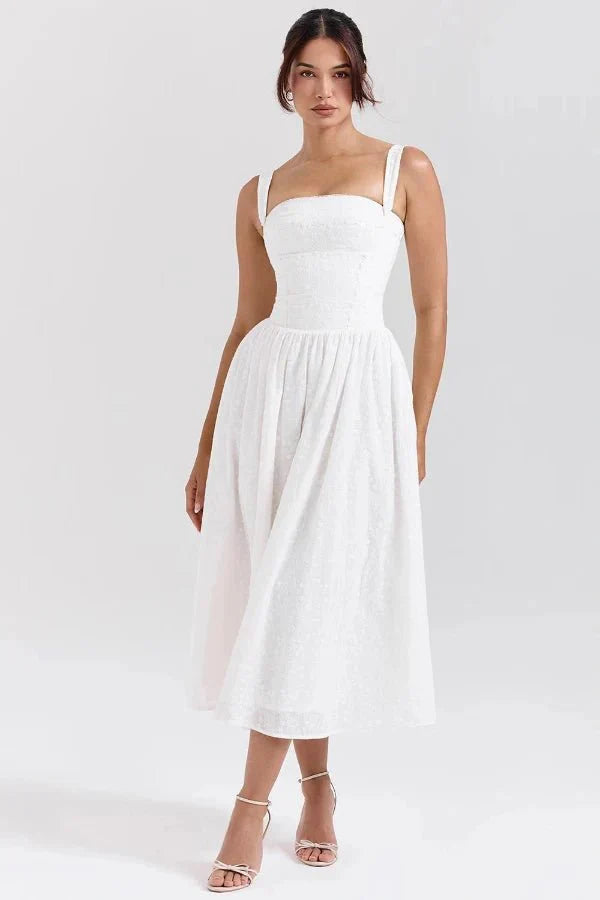 Vivien | Gingham Bustier Womens Pleated Midi Dress with Pockets