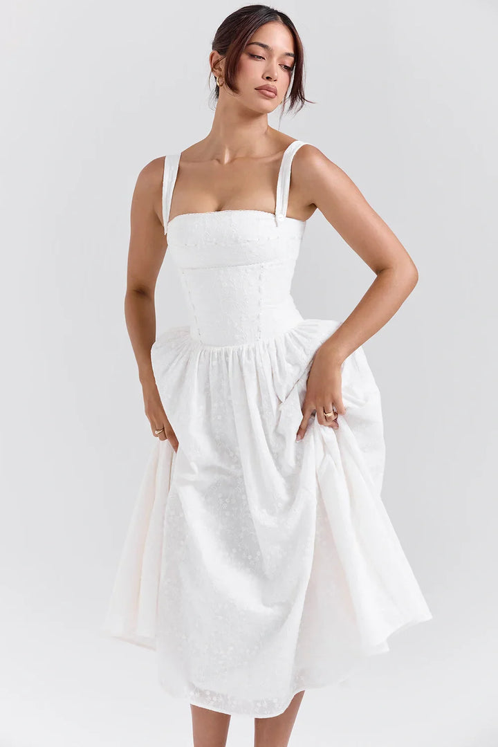 Vivien | Gingham Bustier Womens Pleated Midi Dress with Pockets