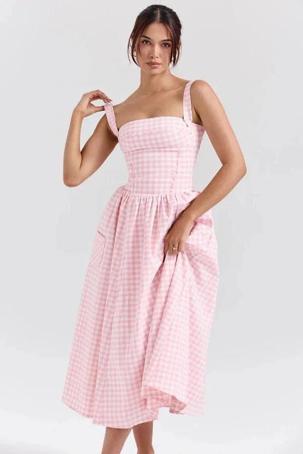 Vivien | Gingham Bustier Womens Pleated Midi Dress with Pockets