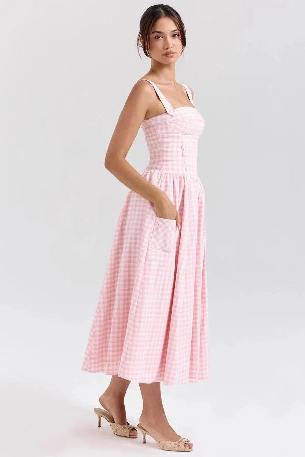 Vivien | Gingham Bustier Womens Pleated Midi Dress with Pockets