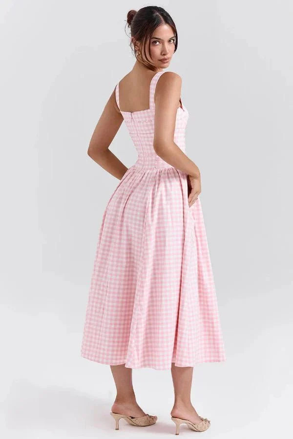 Vivien | Gingham Bustier Womens Pleated Midi Dress with Pockets