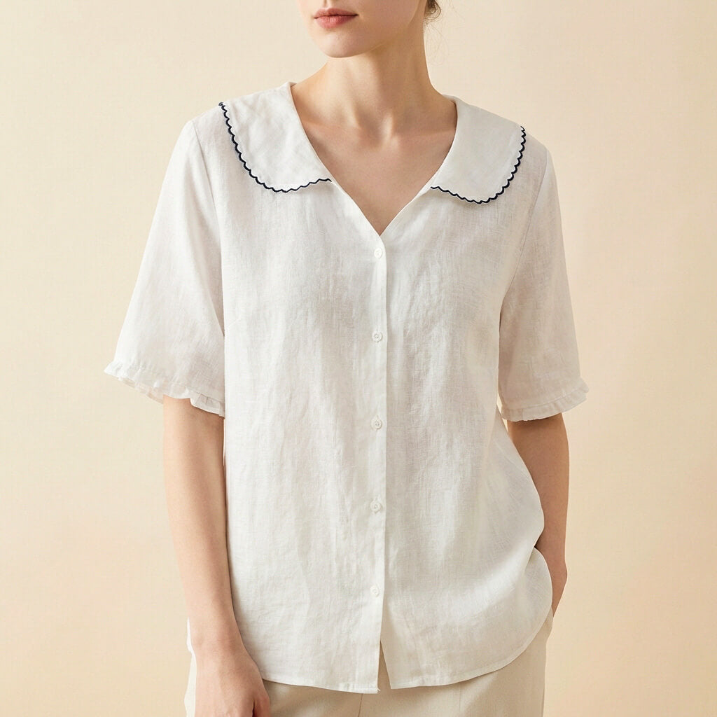 Petra | Peter Pan Collar Frill Cuff Linen Womens Blouse