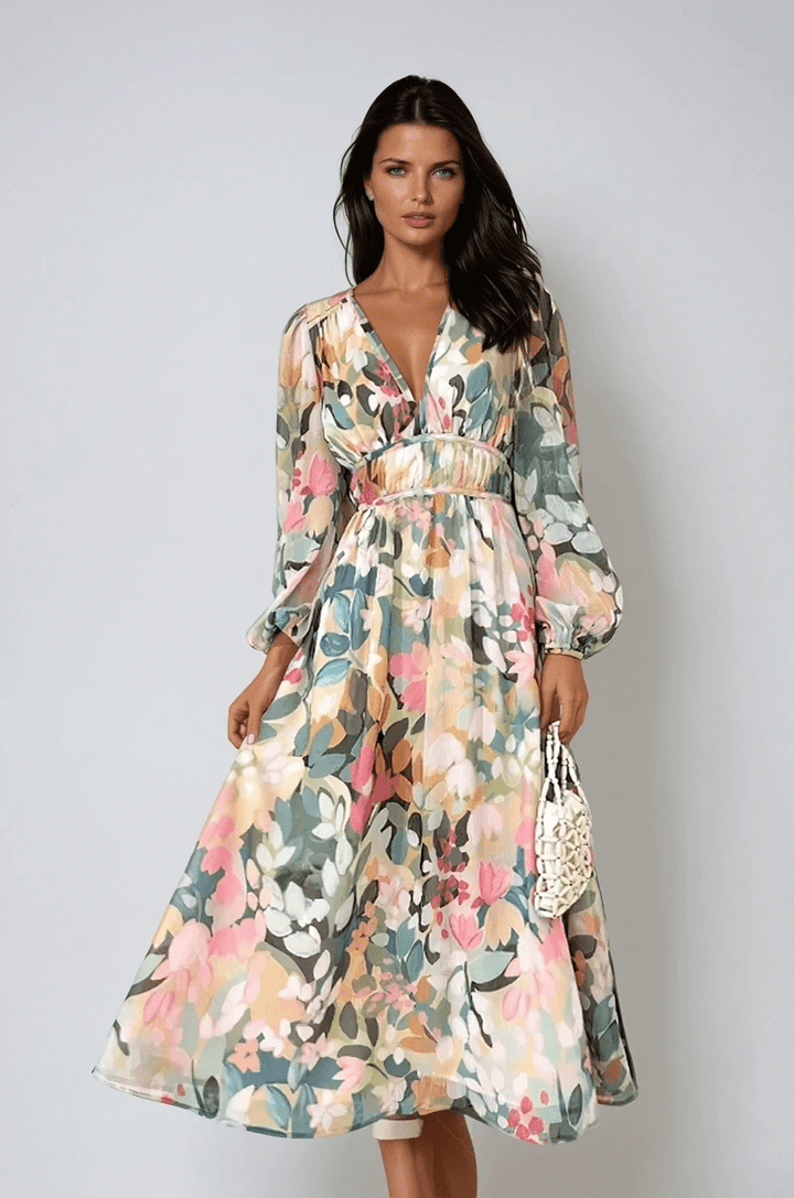 Eden | Watercolour Floral V Neck Balloon Sleeve Midi Dress