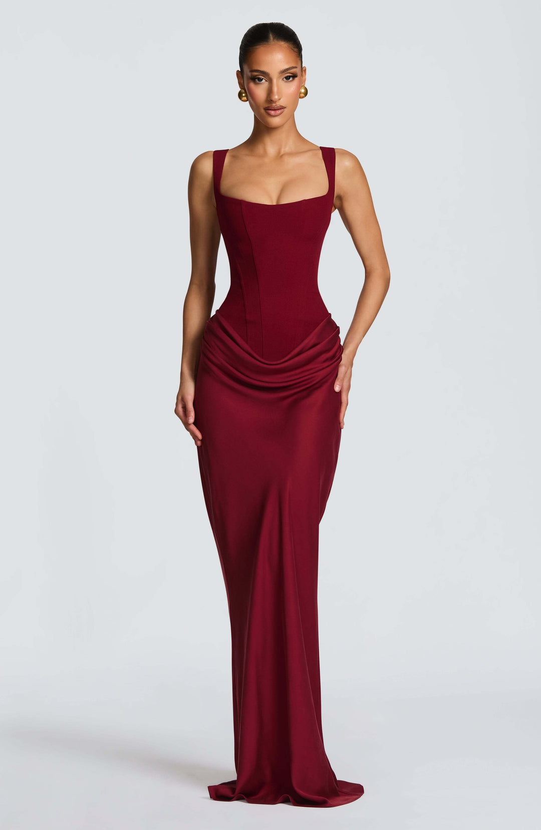 Vivara | Square Neck Corset Draped Satin Maxi Fall Wedding Guest Dress