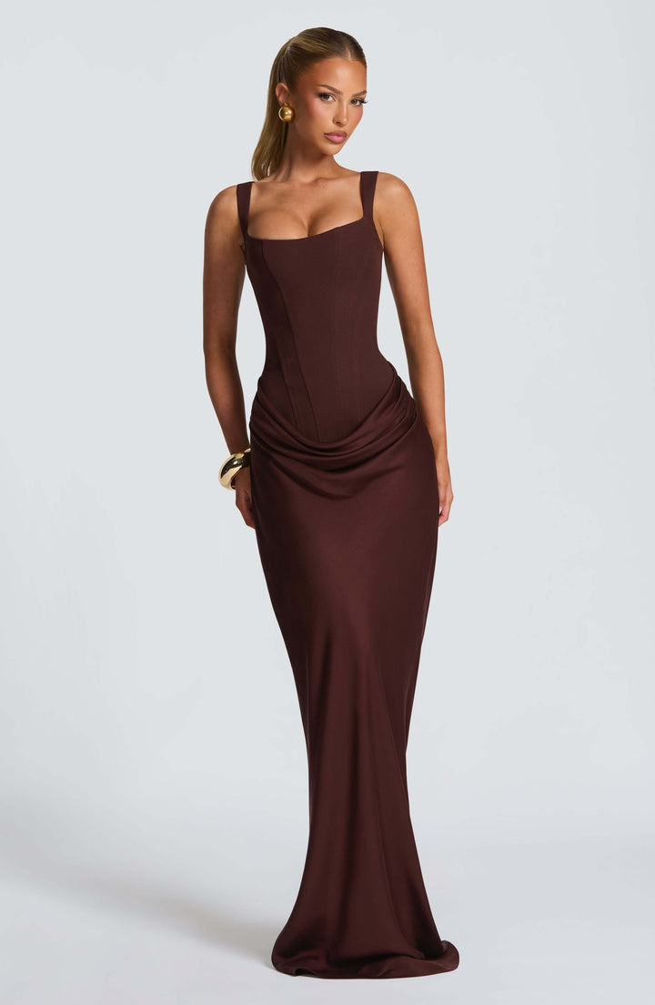 Vivara | Square Neck Corset Draped Satin Maxi Fall Wedding Guest Dress