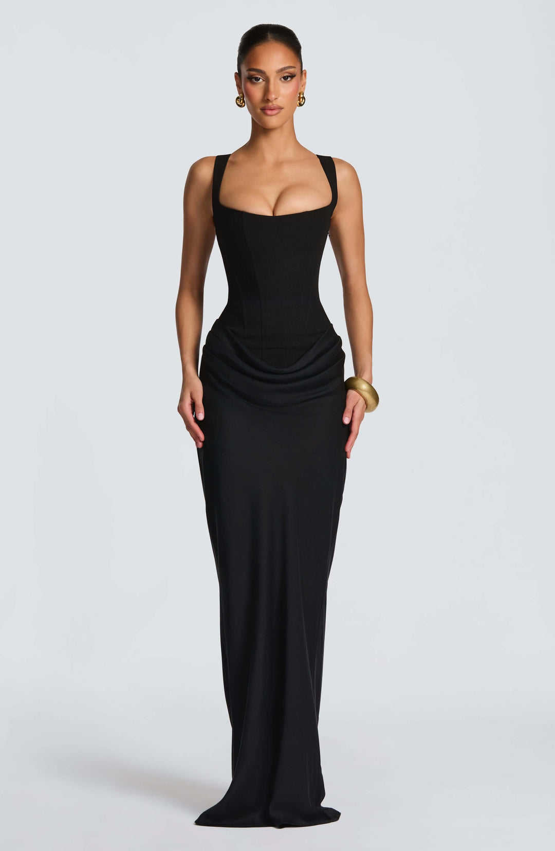 Vivara | Square Neck Corset Draped Satin Maxi Fall Wedding Guest Dress