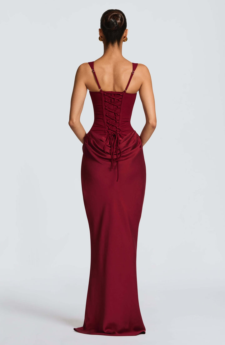 Vivara | Square Neck Corset Draped Satin Maxi Fall Wedding Guest Dress