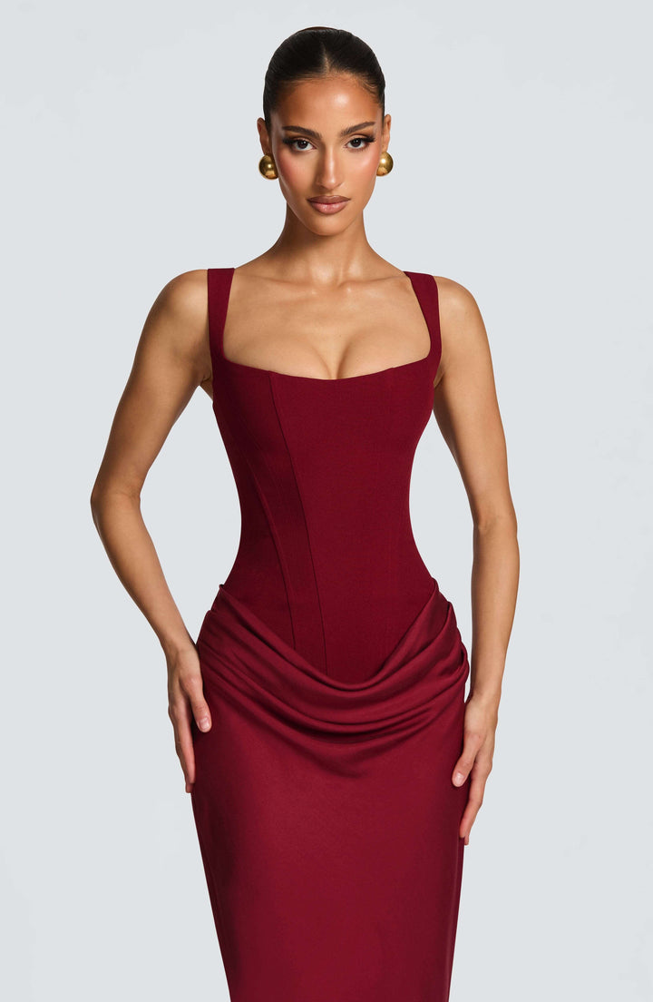 Vivara | Square Neck Corset Draped Satin Maxi Fall Wedding Guest Dress