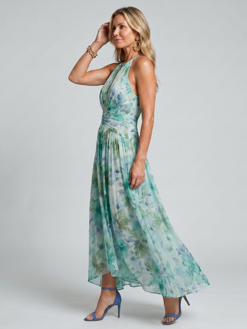 Evangeline | Floral Keyhole Ruched Halter Neck Maxi Dress
