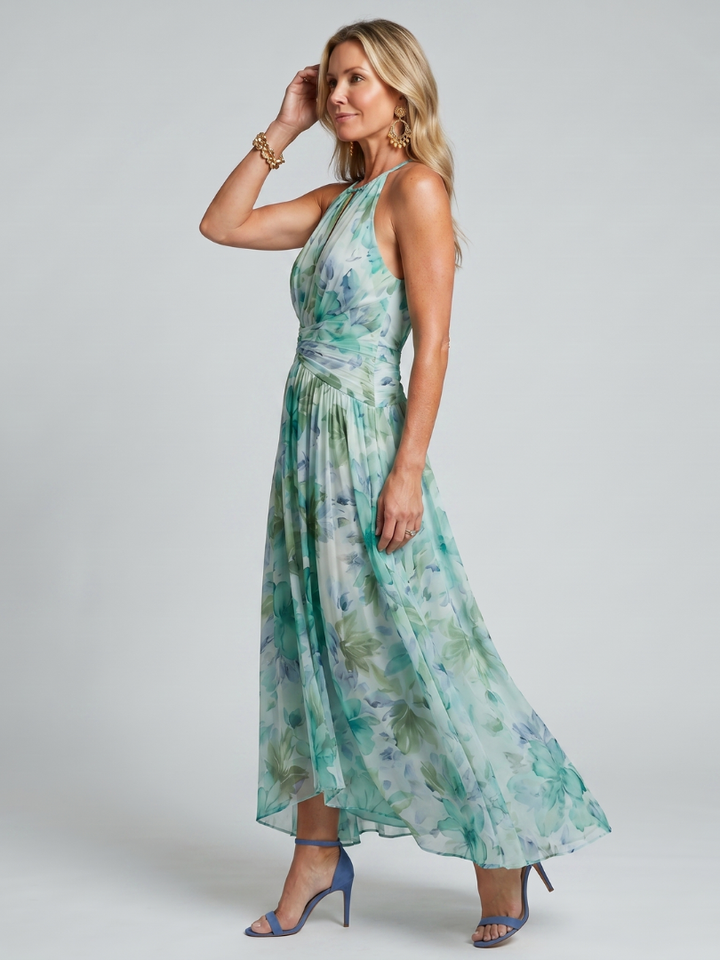 Evangeline | Floral Keyhole Ruched Halter Neck Maxi Dress
