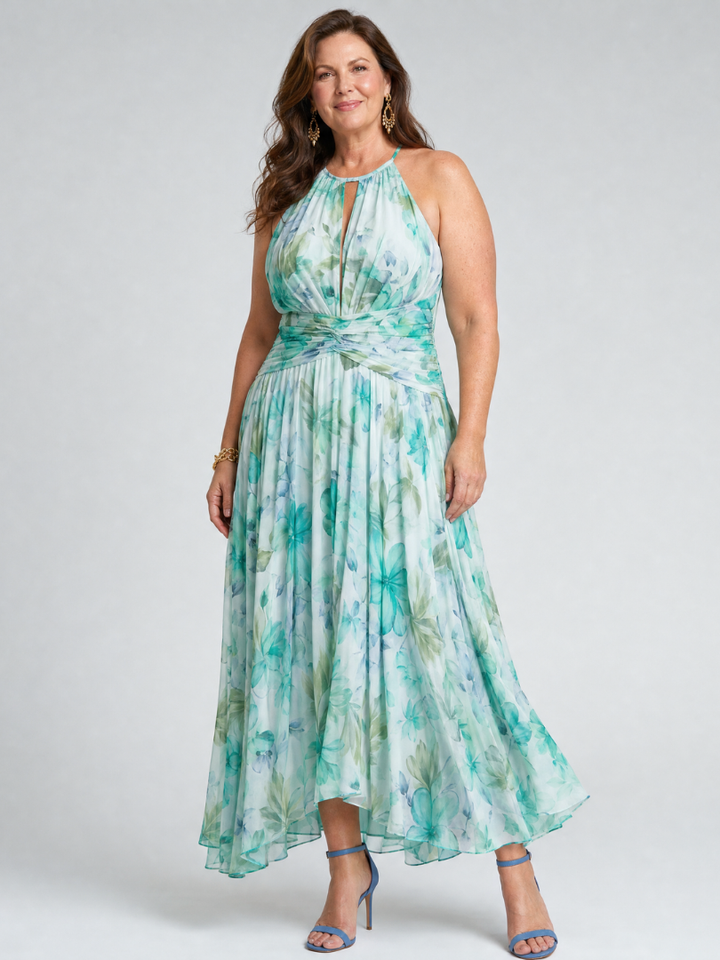 Evangeline | Floral Keyhole Ruched Halter Neck Maxi Dress