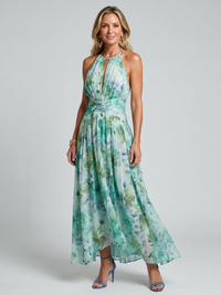 Evangeline | Floral Keyhole Ruched Halter Neck Maxi Dress