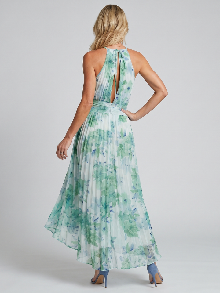 Evangeline | Floral Keyhole Ruched Halter Neck Maxi Dress
