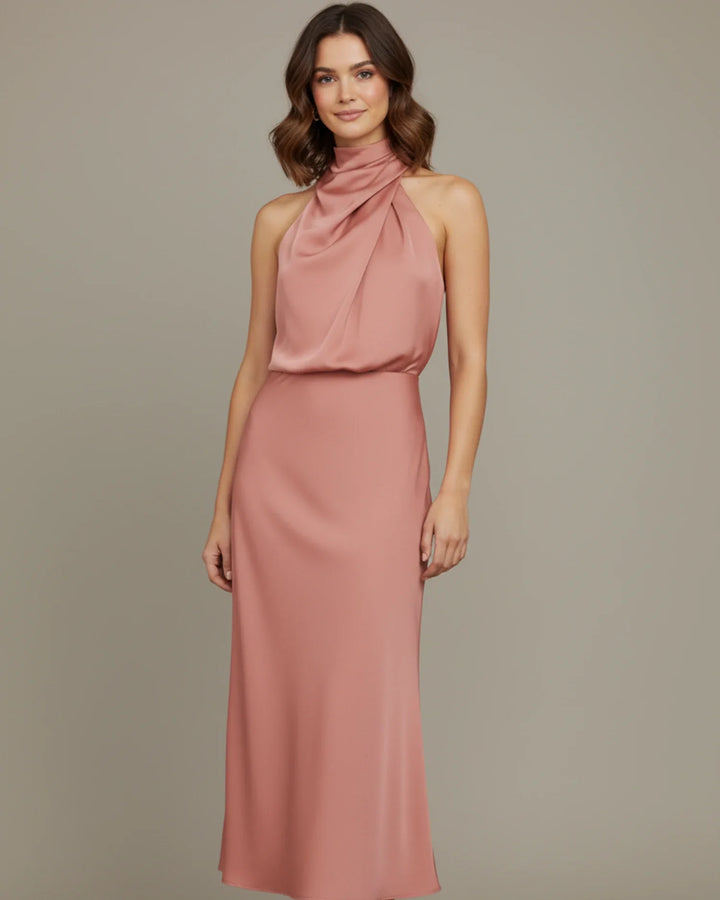 Celina | Cowl Drape High Neck Satin Halter Neck Maxi Dress