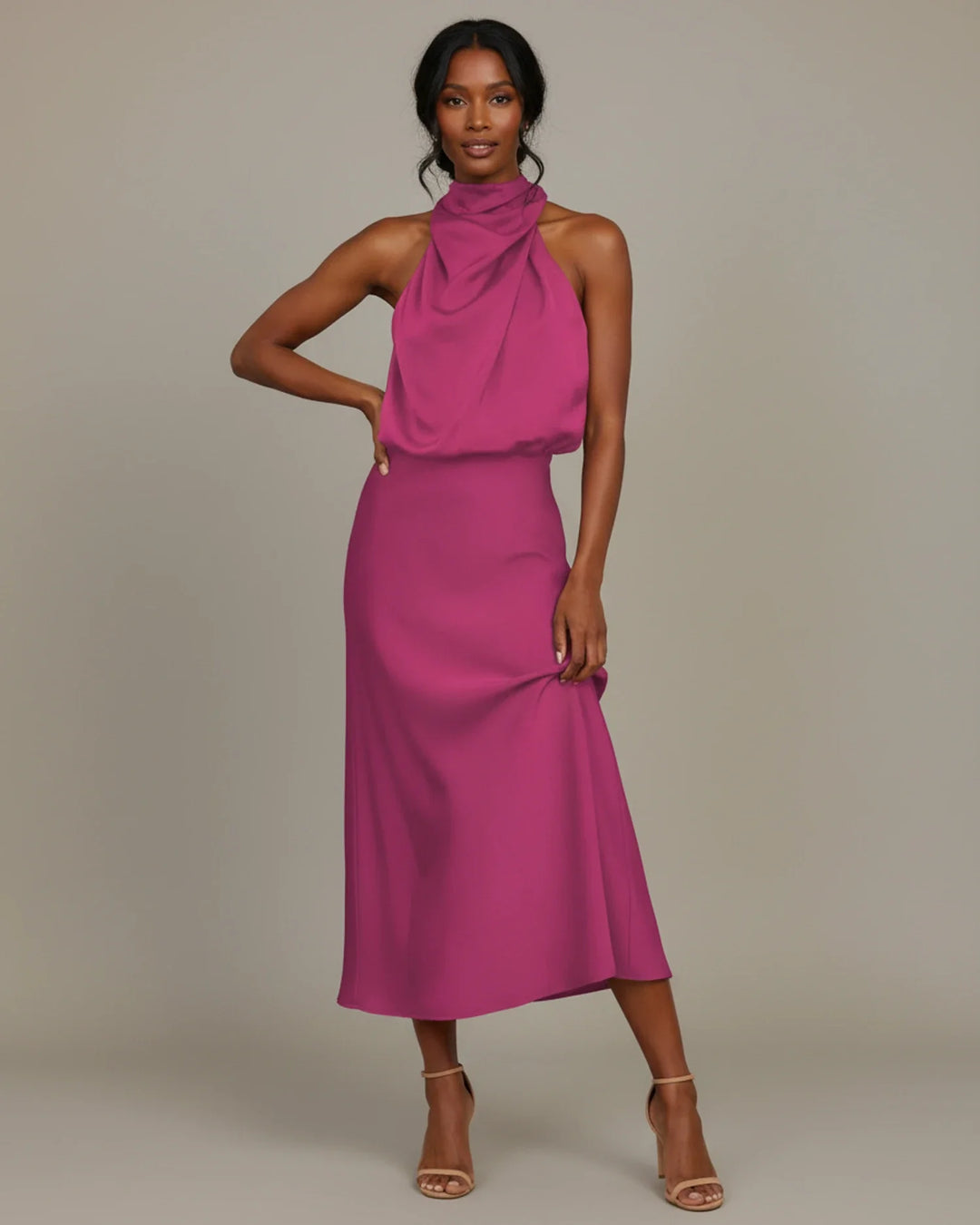 Celina | Cowl Drape High Neck Satin Halter Neck Maxi Dress