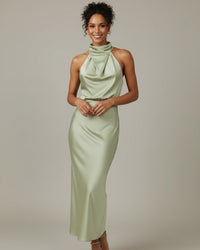 Celina | Cowl Drape High Neck Satin Halter Neck Maxi Dress