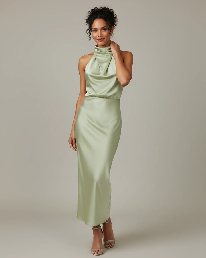 Celina | Cowl Drape High Neck Satin Halter Neck Maxi Dress
