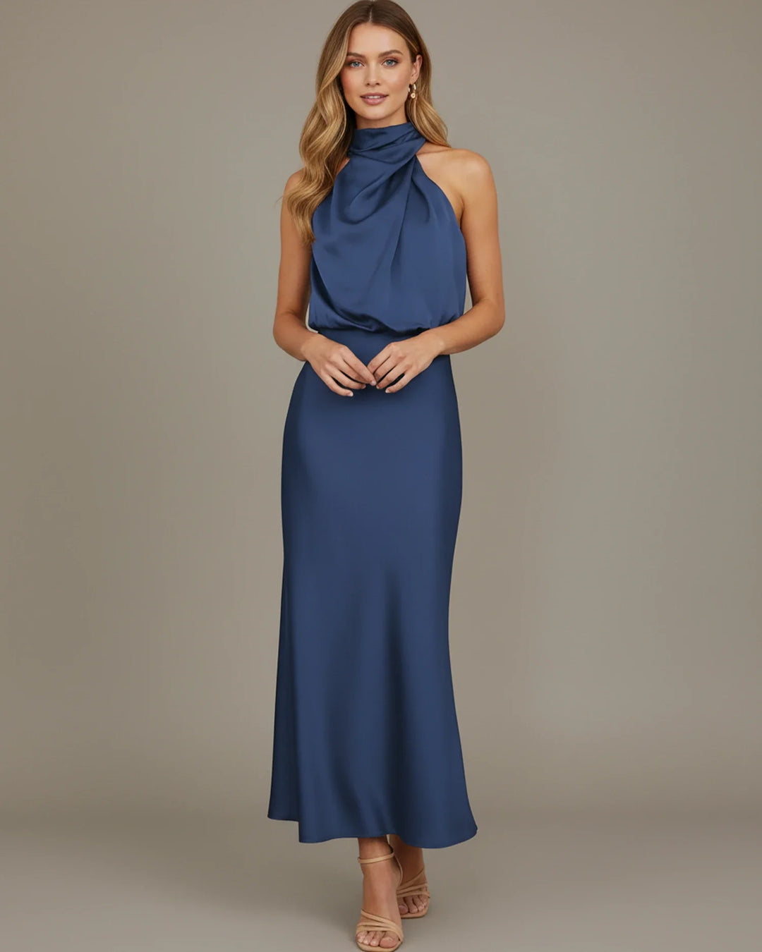 Celina | Cowl Drape High Neck Satin Halter Neck Maxi Dress