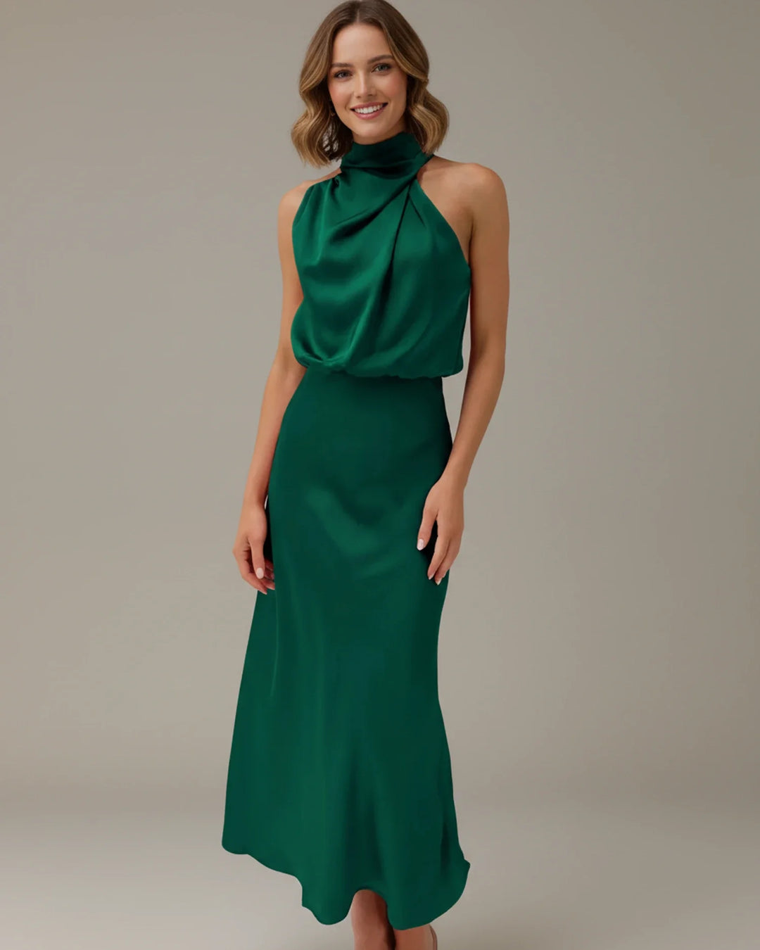 Celina | Cowl Drape High Neck Satin Halter Neck Maxi Dress