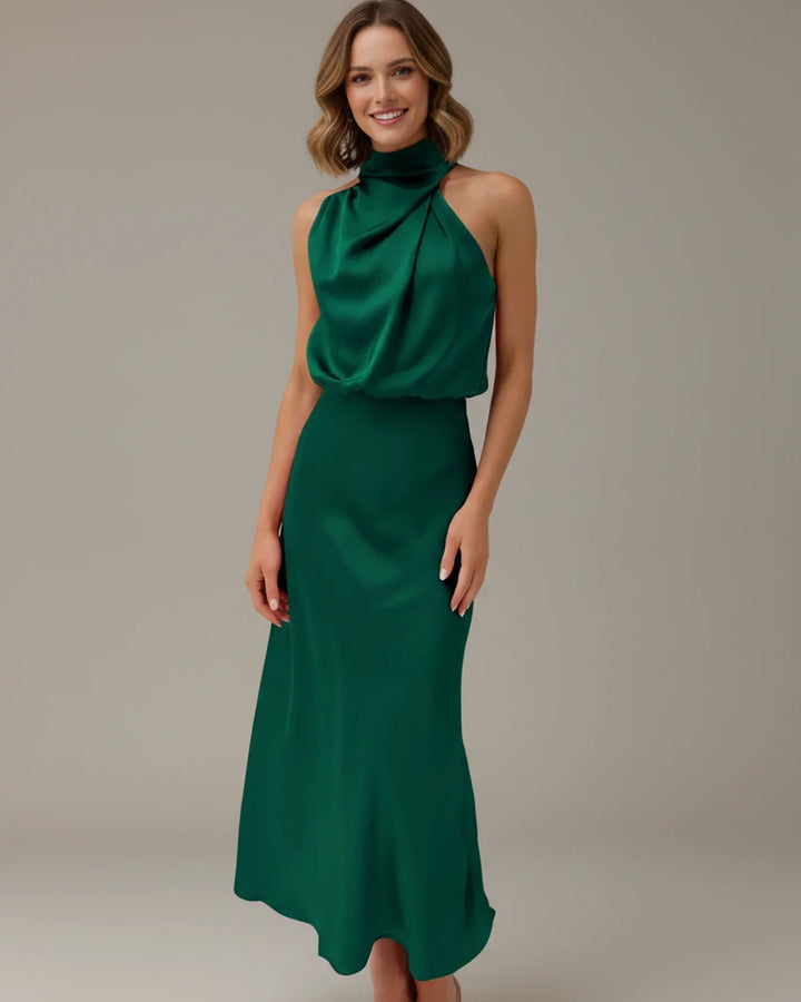 Celina | Cowl Drape High Neck Satin Halter Neck Maxi Dress