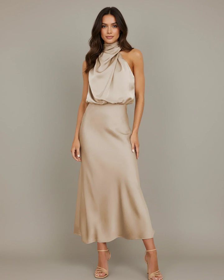 Celina | Cowl Drape High Neck Satin Halter Neck Maxi Dress