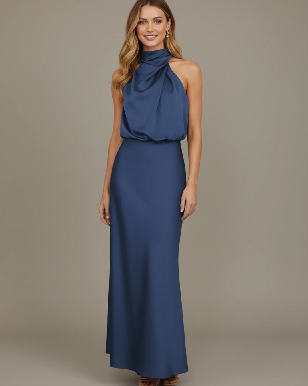 Celina | Cowl Drape High Neck Satin Halter Neck Maxi Dress