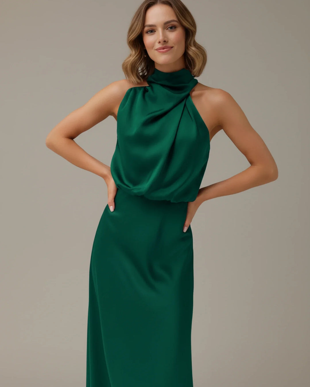 Celina | Cowl Drape High Neck Satin Halter Neck Maxi Dress