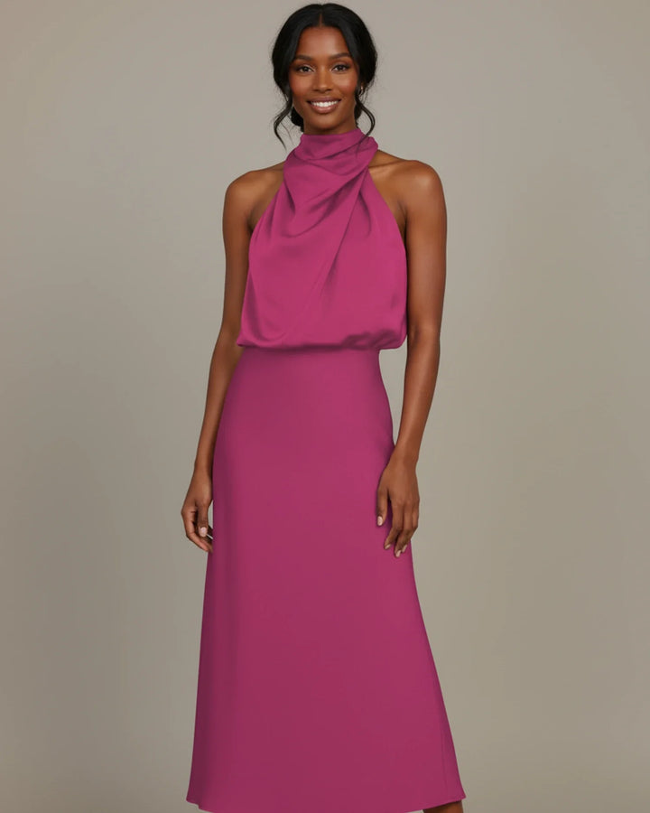 Celina | Cowl Drape High Neck Satin Halter Neck Maxi Dress