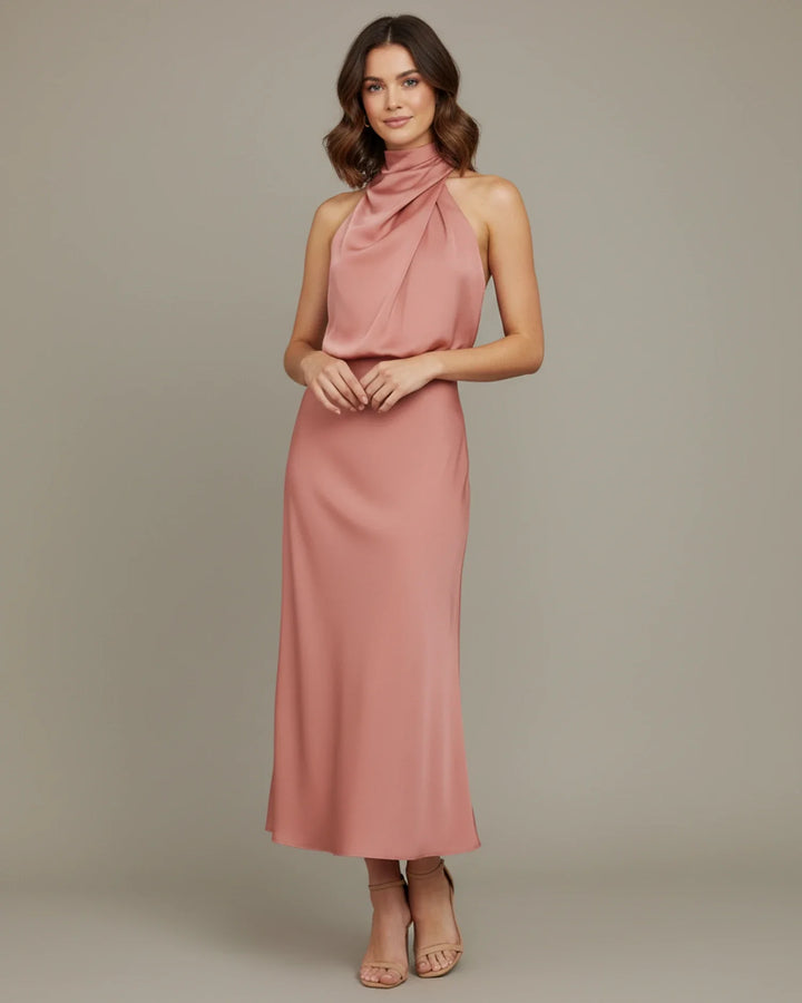Celina | Cowl Drape High Neck Satin Halter Neck Maxi Dress